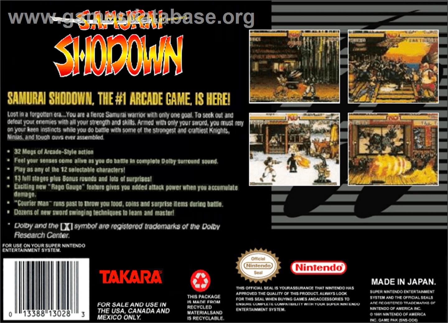 Samurai Shodown - Nintendo SNES - Artwork - Box Back