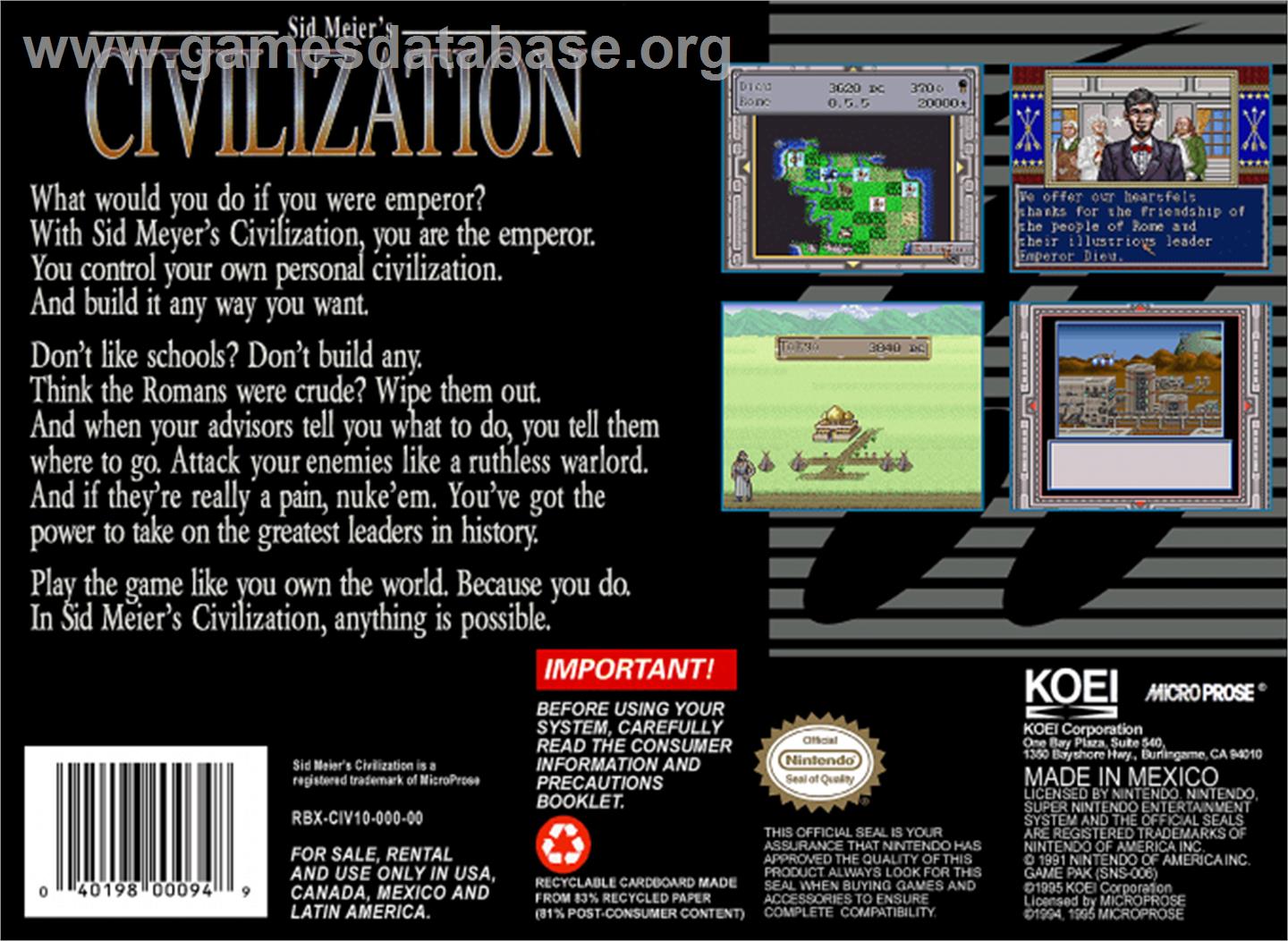 Sid Meier's Civilization - Nintendo SNES - Artwork - Box Back