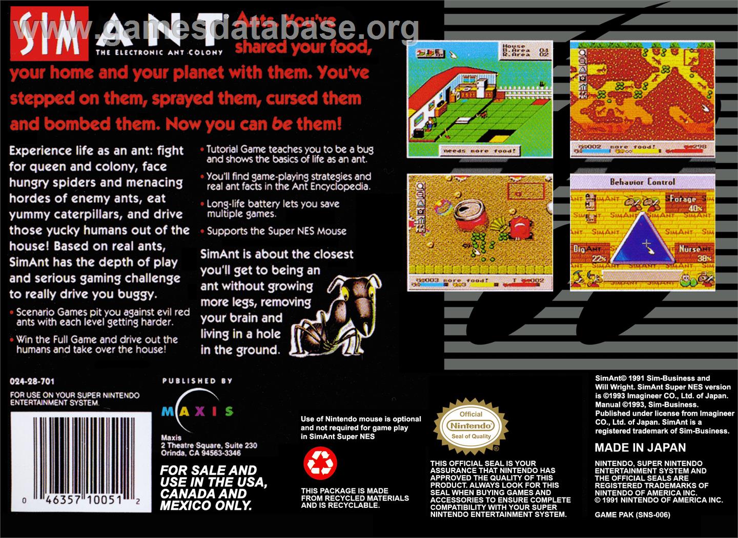 Sim Ant: The Electronic Ant Colony - Nintendo SNES - Artwork - Box Back
