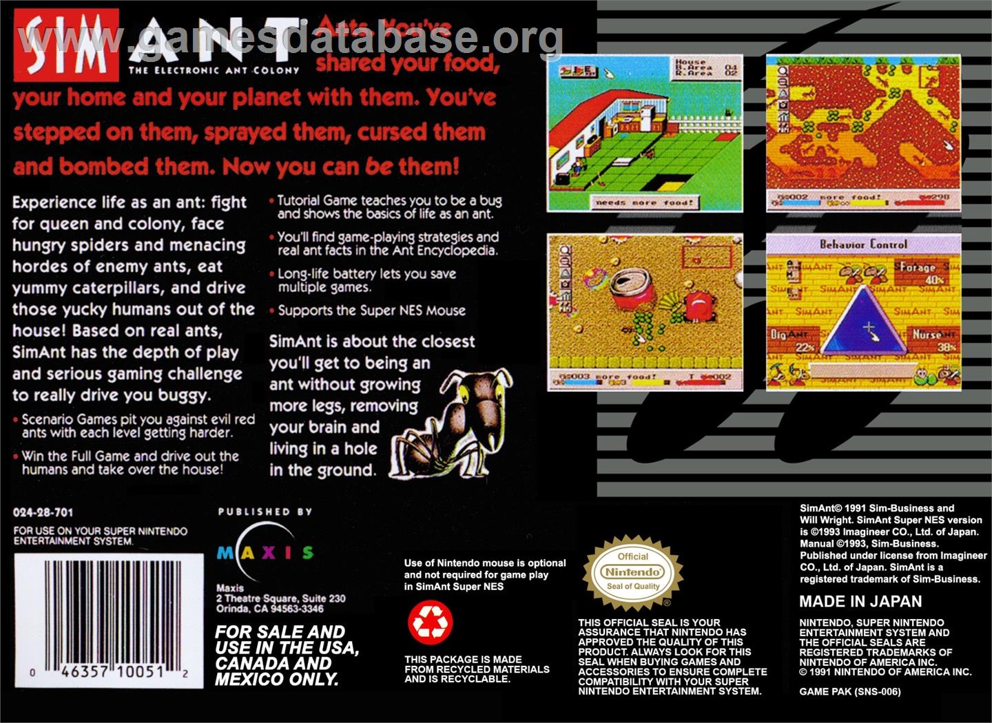 Sim Ant - The Electronic Ant Colony - Nintendo SNES - Artwork - Box Back