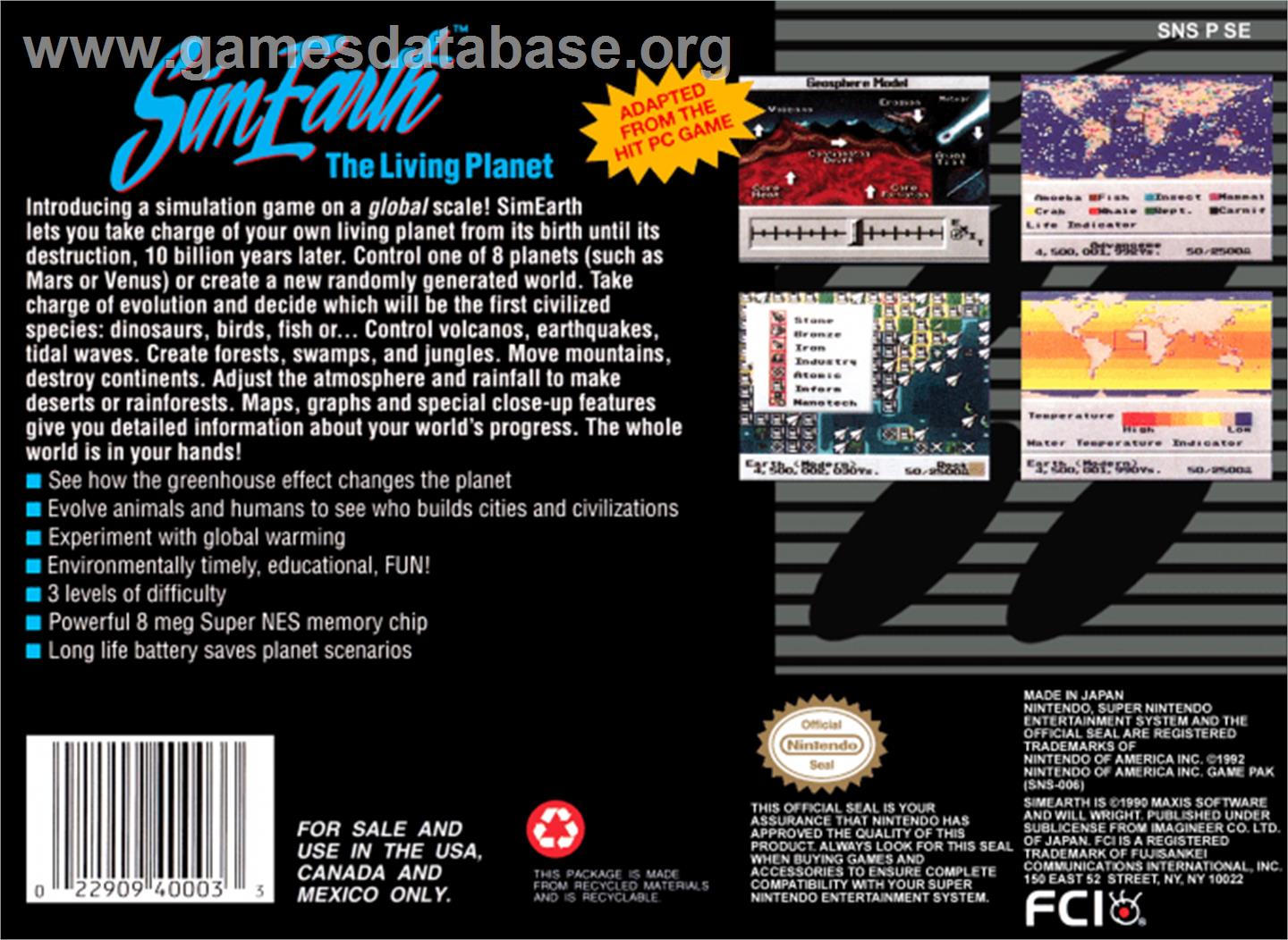 Sim Earth: The Living Planet - Nintendo SNES - Artwork - Box Back