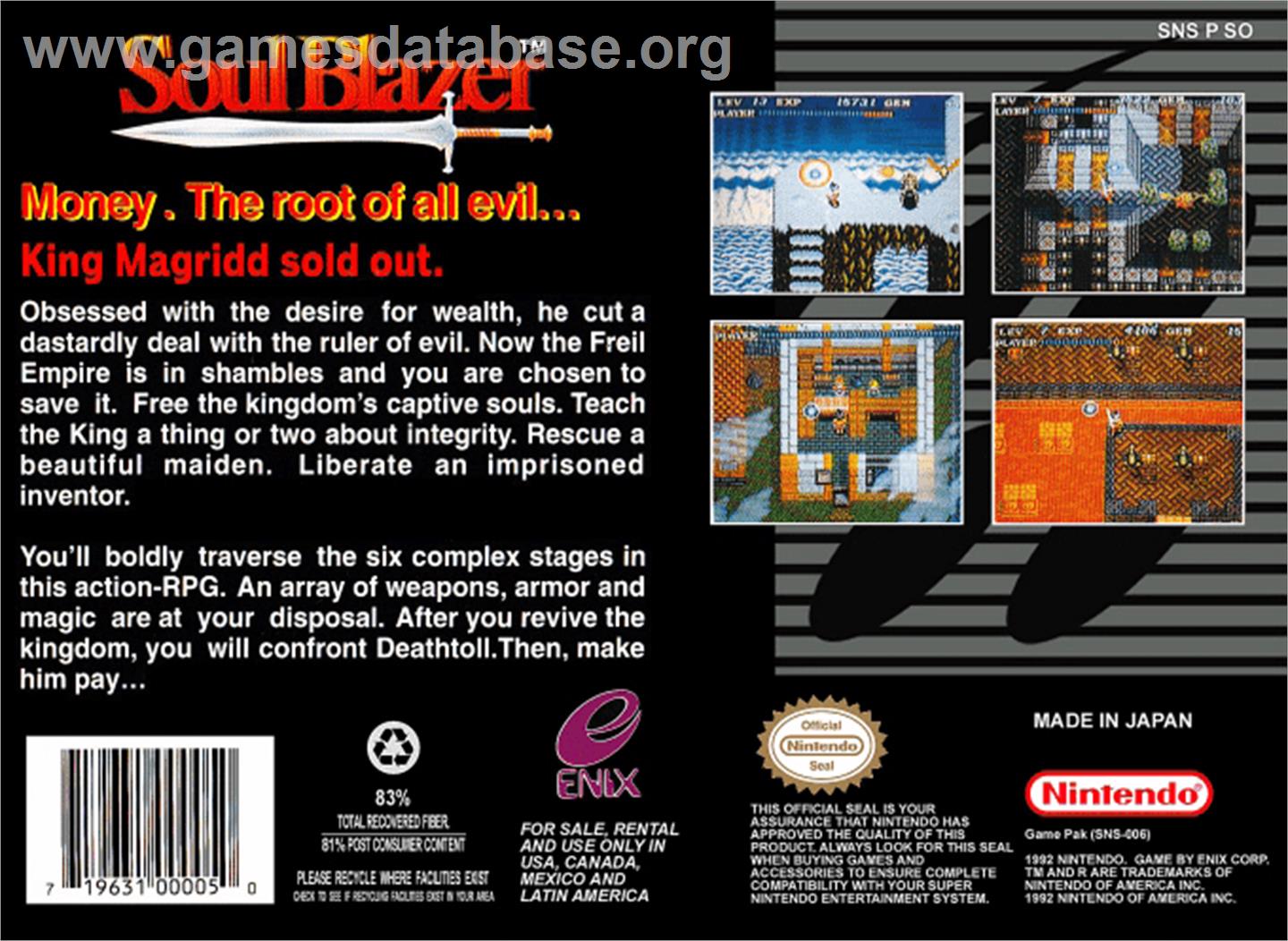 Soul Blazer - Nintendo SNES - Artwork - Box Back