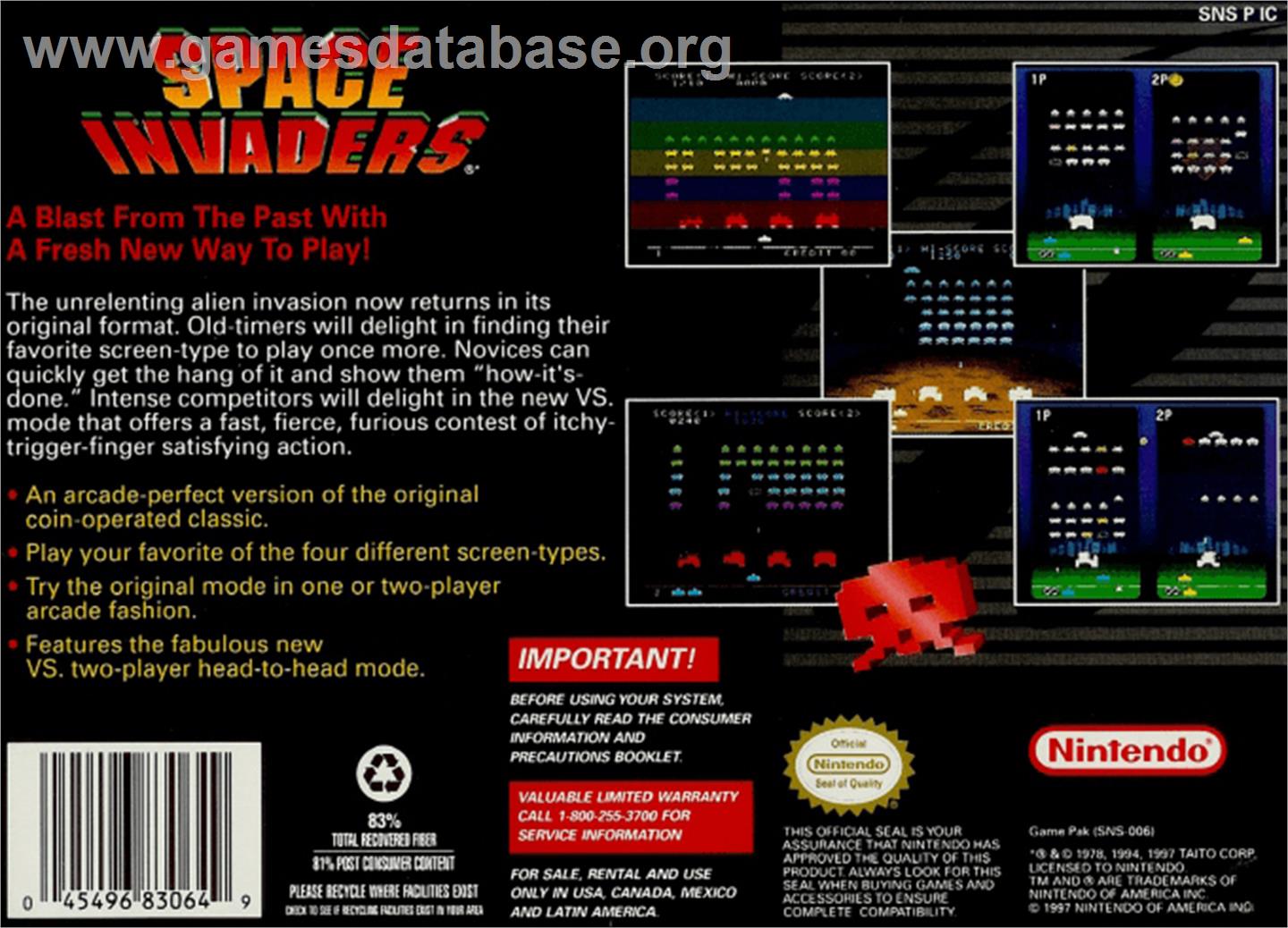 Space Invaders - Nintendo SNES - Artwork - Box Back