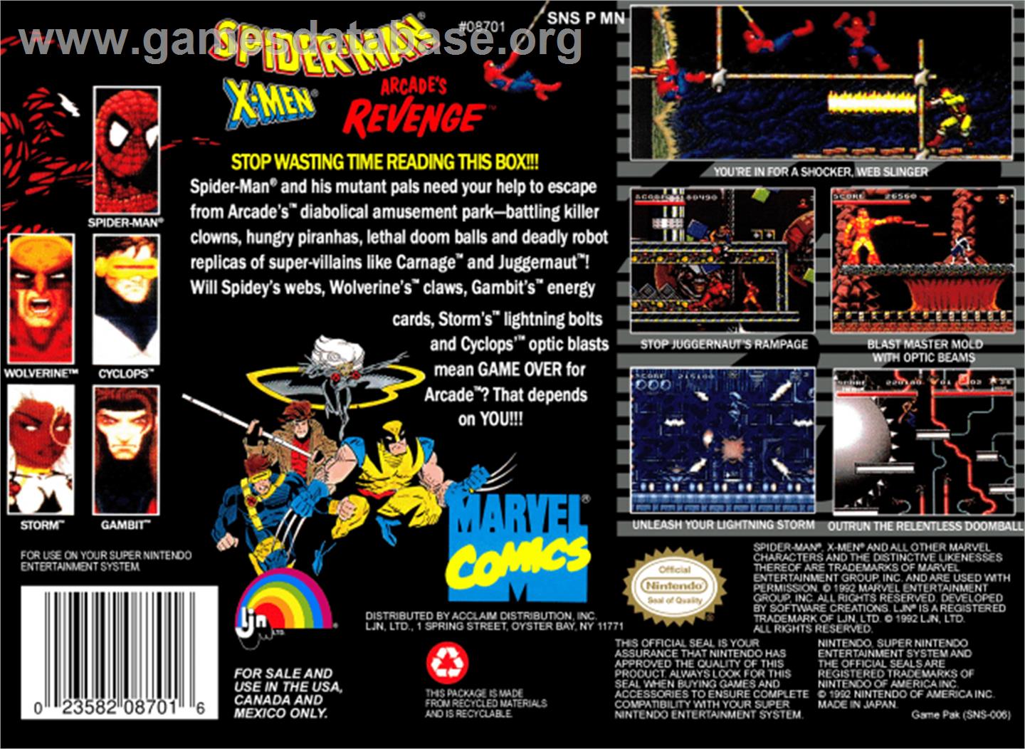 Spider-Man and the X-Men: Arcade's Revenge - Nintendo SNES - Artwork - Box Back