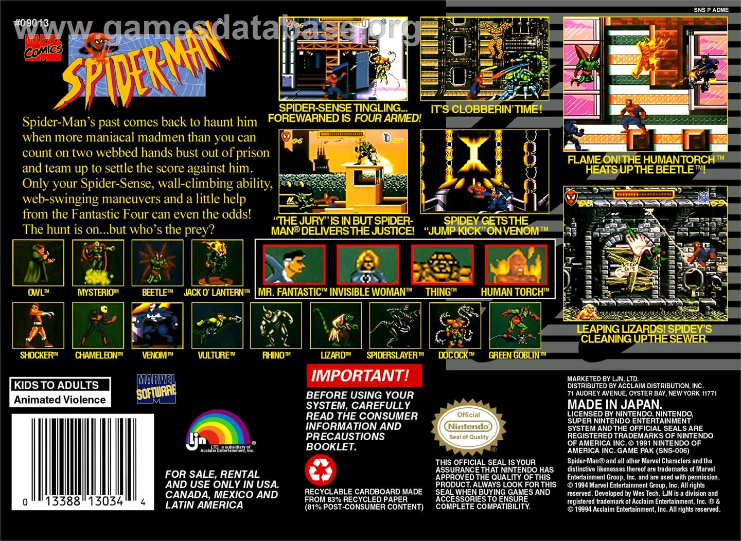 Spider-man - Nintendo SNES - Artwork - Box Back