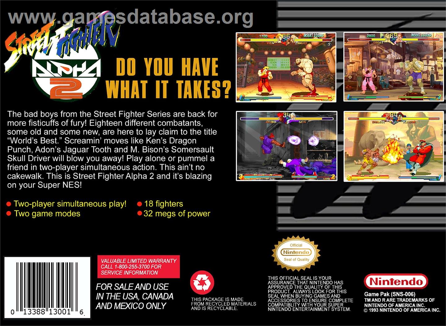Street Fighter Alpha 2 - Nintendo SNES - Artwork - Box Back