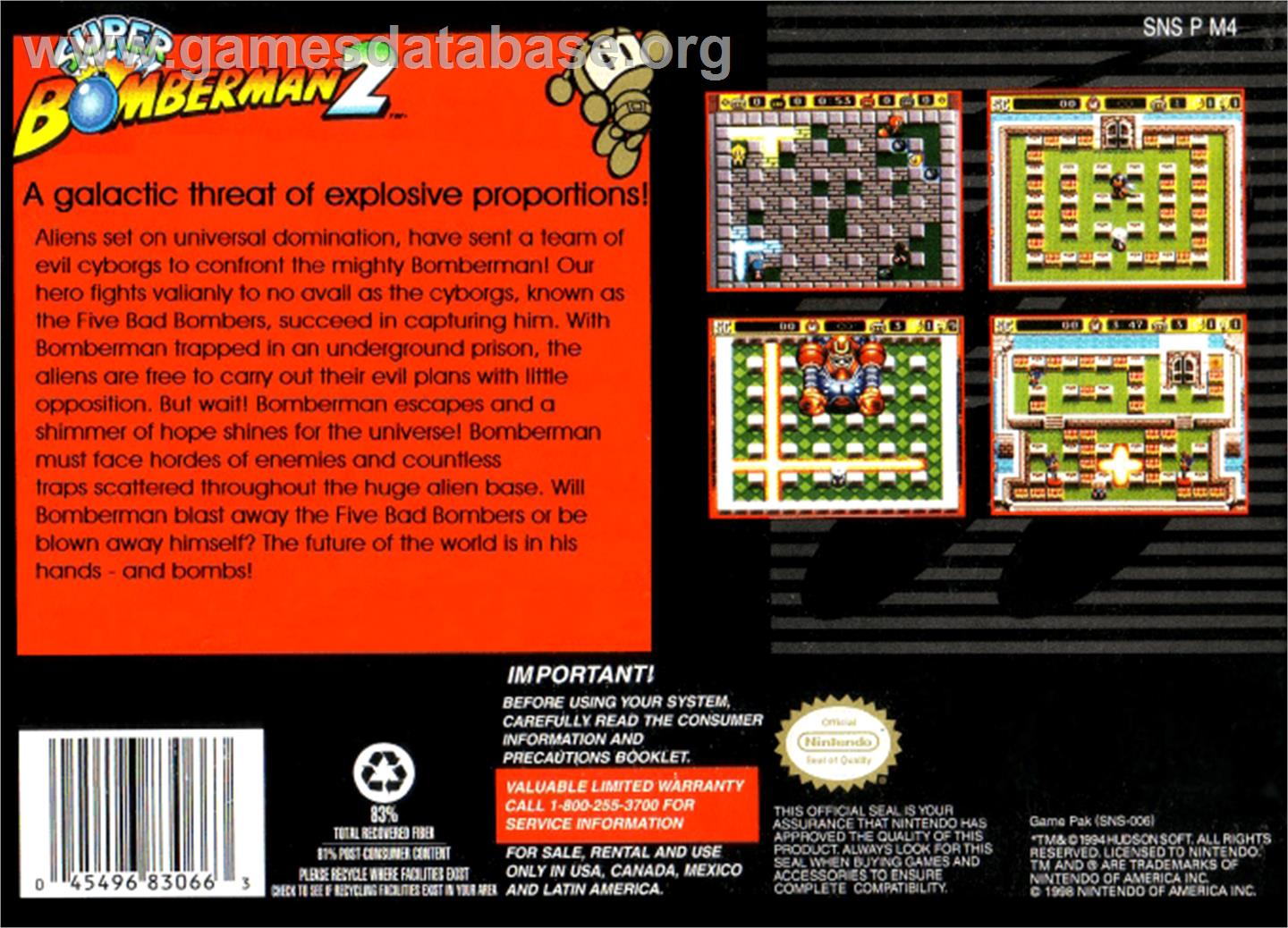 Super Bomberman 2 - Nintendo SNES - Artwork - Box Back