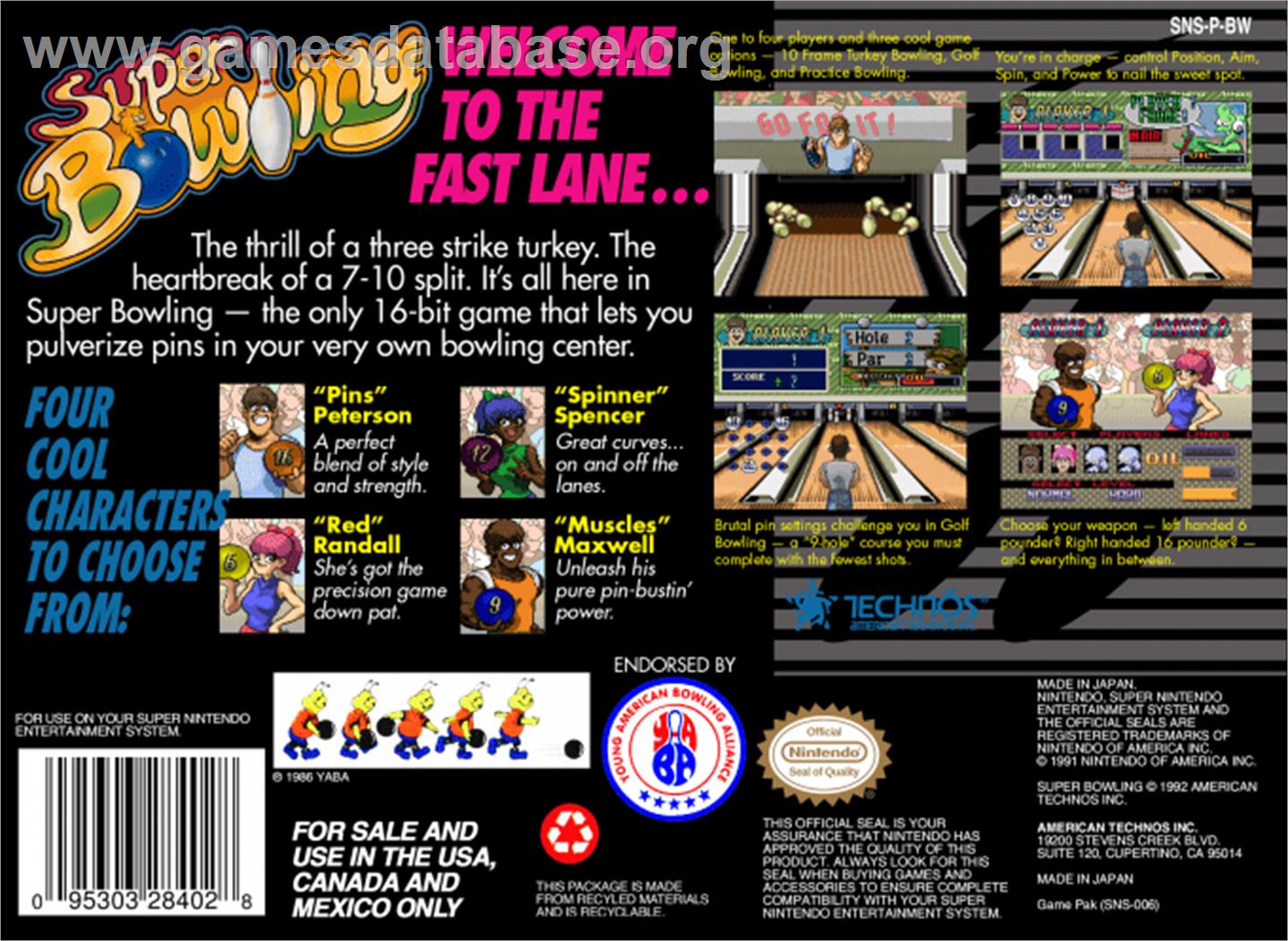 Super Bowling - Nintendo SNES - Artwork - Box Back