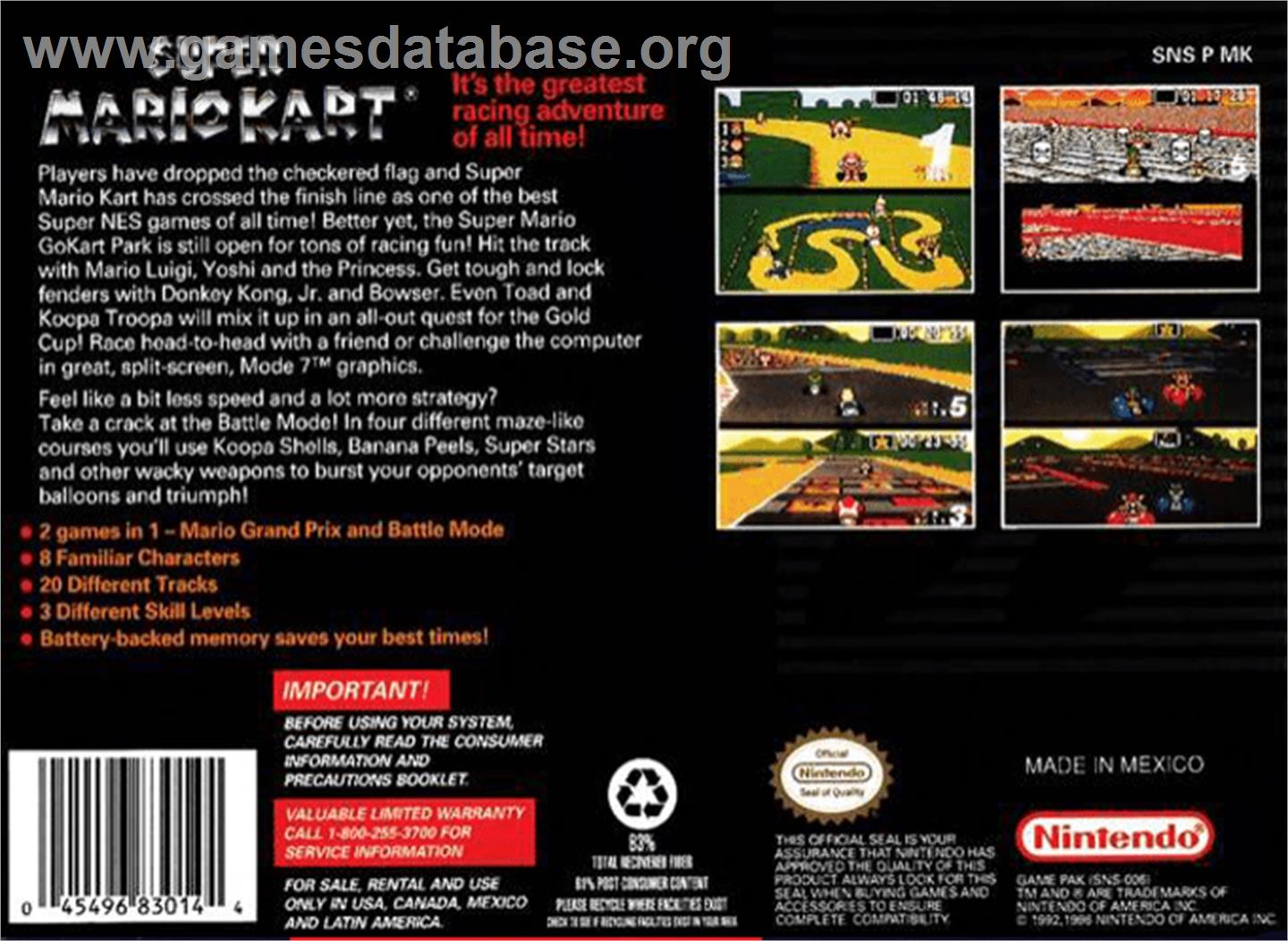Super Mario Kart - Nintendo SNES - Artwork - Box Back