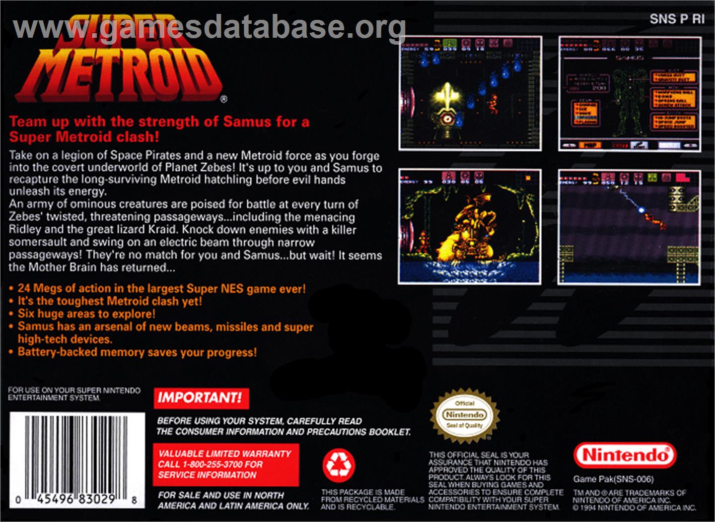 Super Metroid - Nintendo SNES - Artwork - Box Back