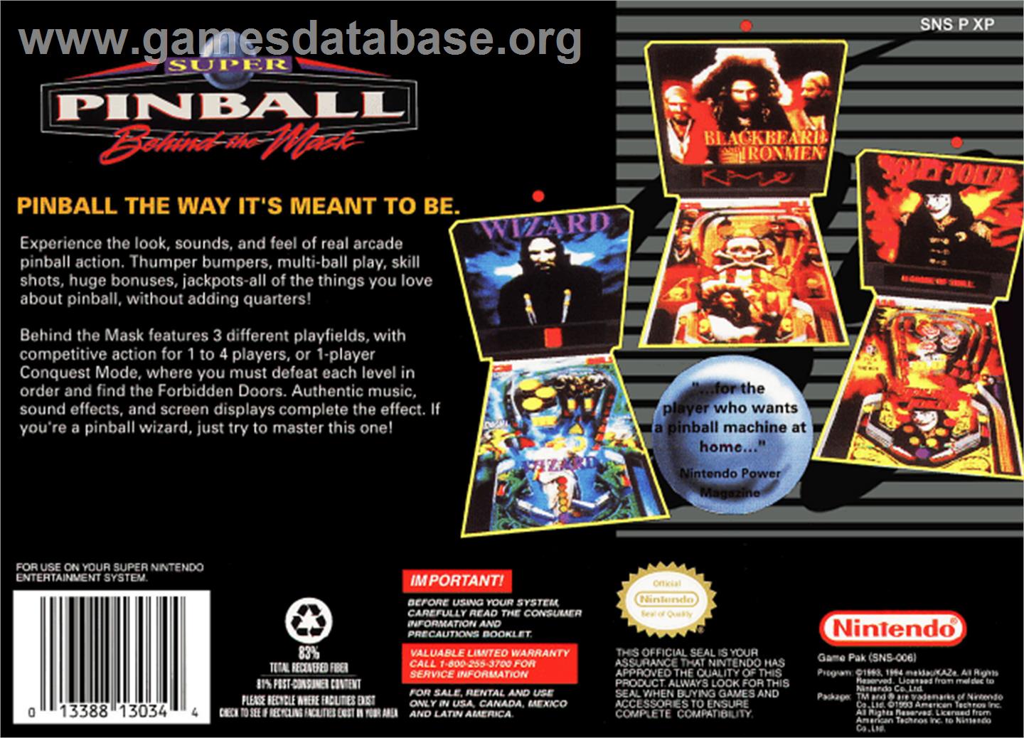 Super Pinball: Behind the Mask - Nintendo SNES - Artwork - Box Back