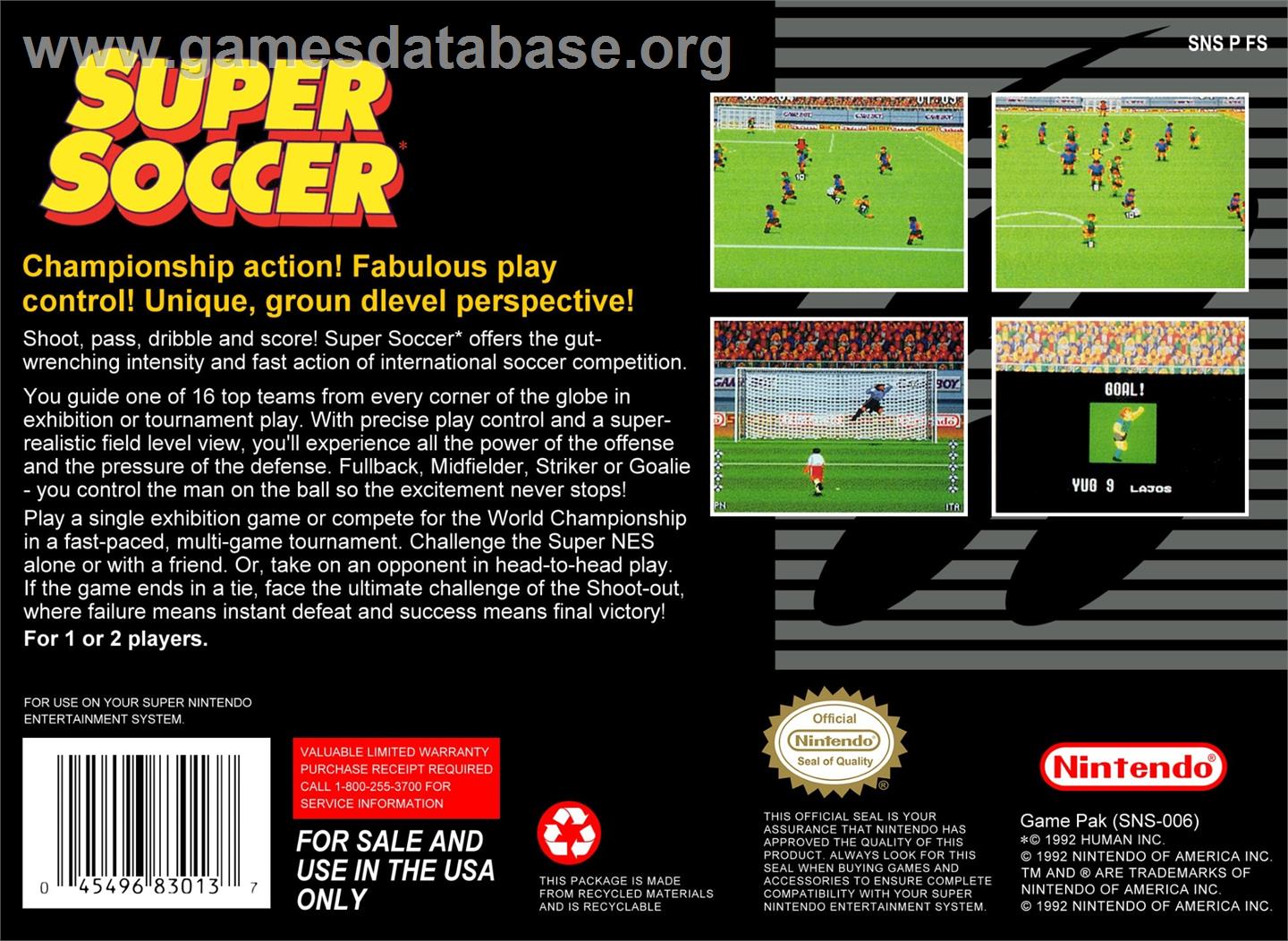 Super Soccer - Nintendo SNES - Artwork - Box Back
