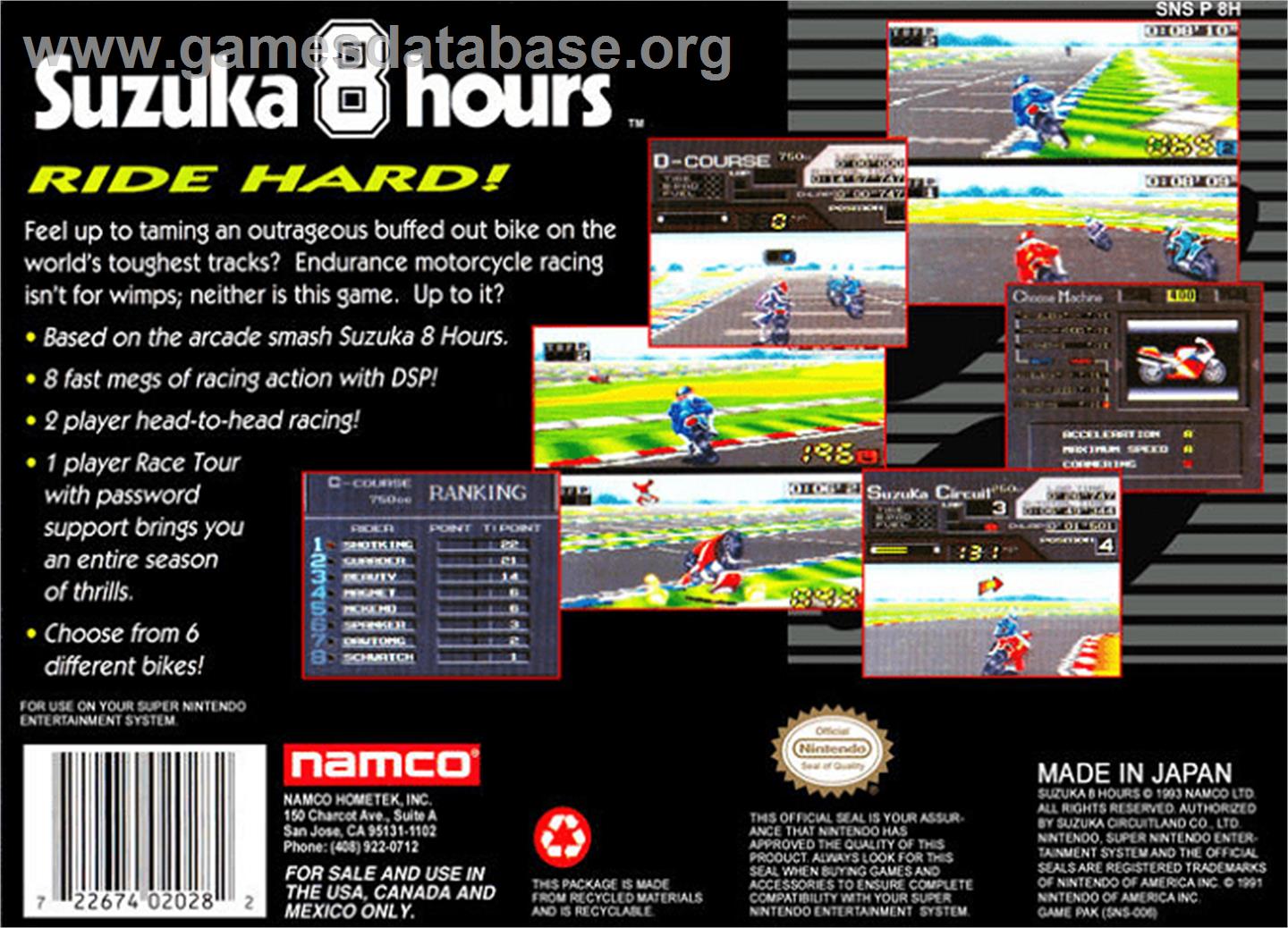 Suzuka 8 Hours - Nintendo SNES - Artwork - Box Back
