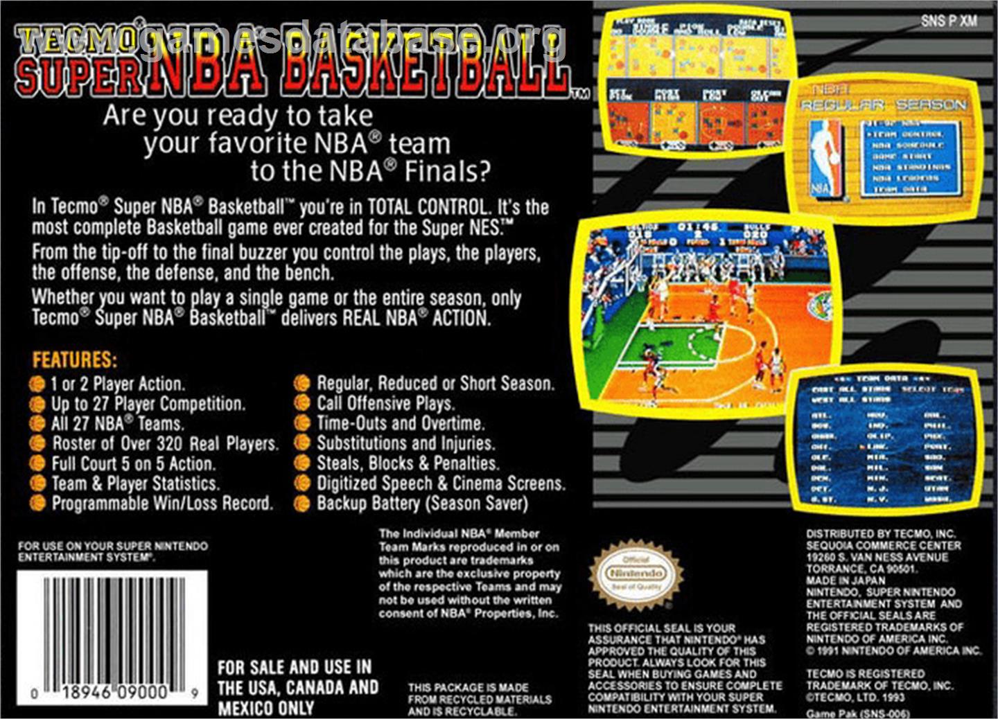 Tecmo Super NBA Basketball - Nintendo SNES - Artwork - Box Back