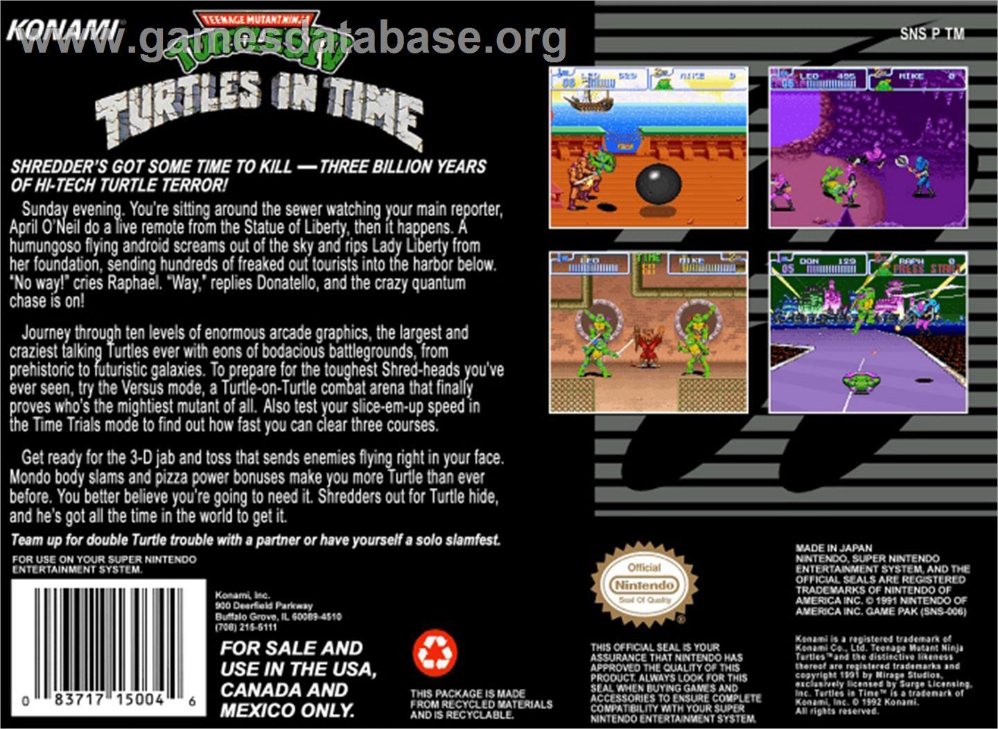 Teenage Mutant Ninja Turtles IV: Turtles in Time - Nintendo SNES - Artwork - Box Back