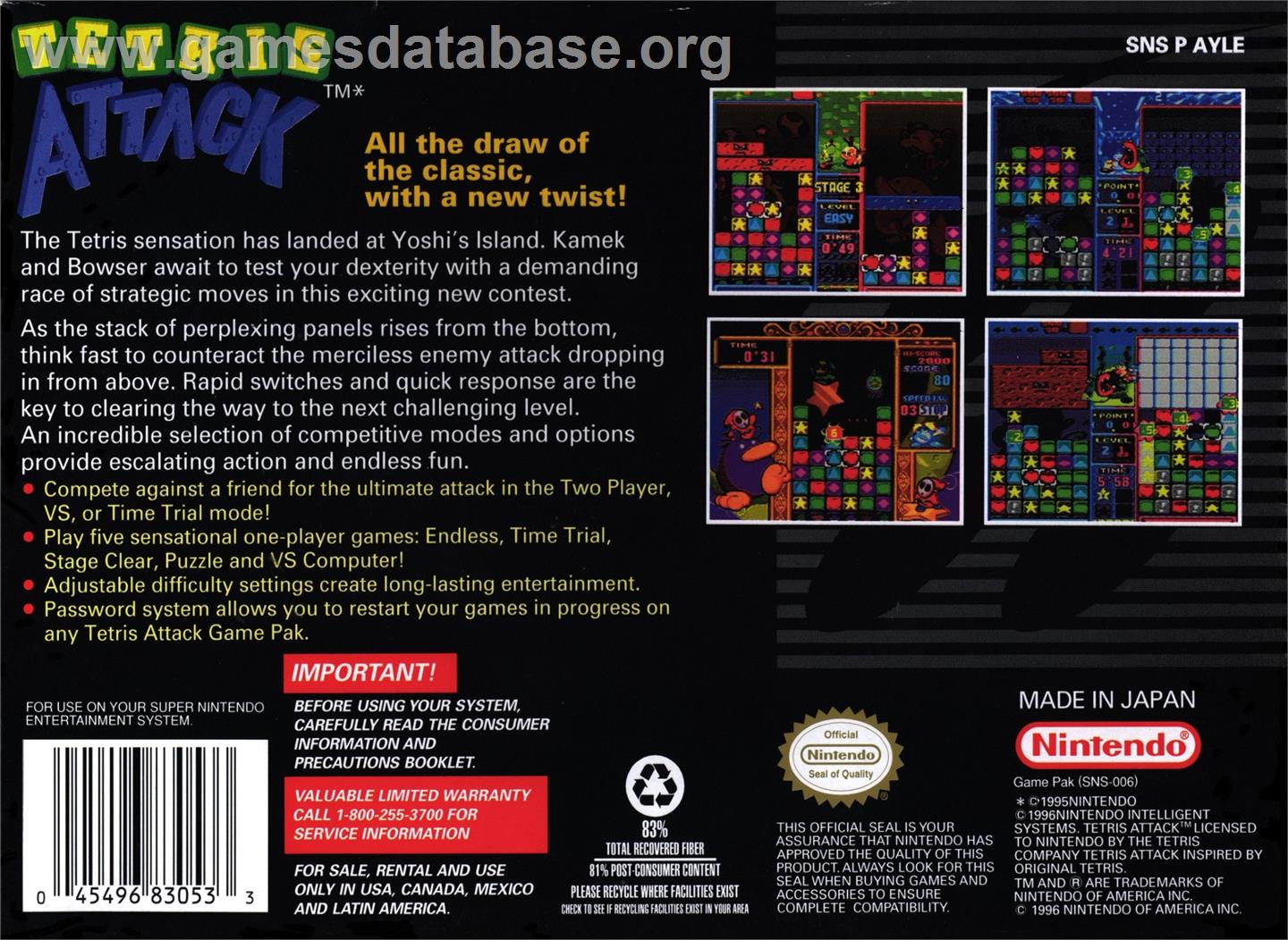 Tetris Attack - Nintendo SNES - Artwork - Box Back