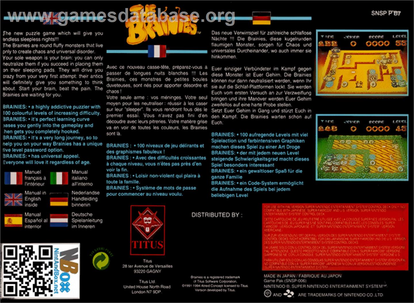 The Brainies - Nintendo SNES - Artwork - Box Back