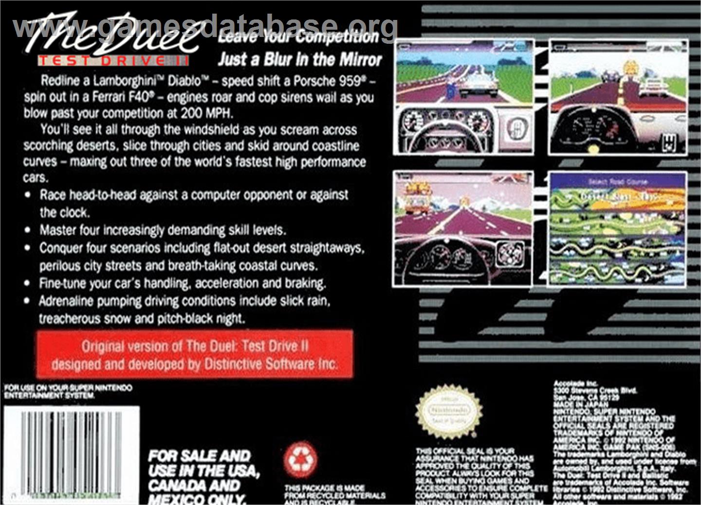 The Duel: Test Drive II - Nintendo SNES - Artwork - Box Back