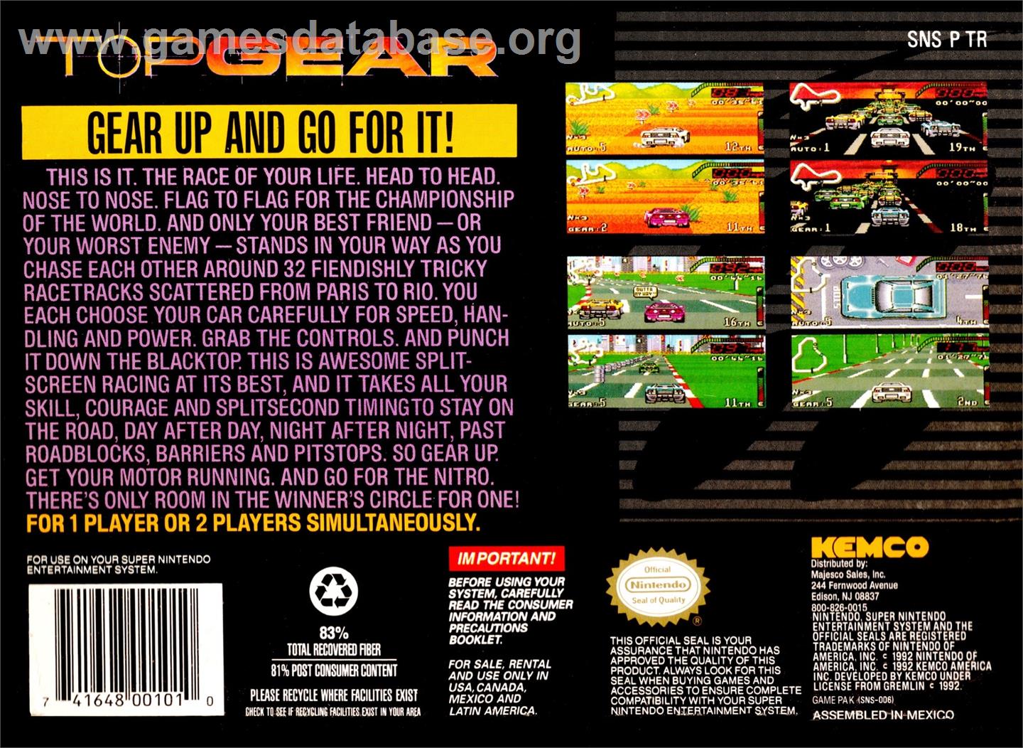 Top Gear - Nintendo SNES - Artwork - Box Back