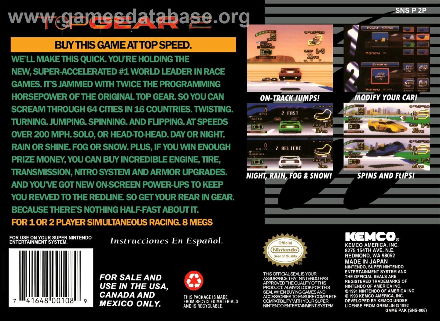 Top Gear 2 - Nintendo SNES - Artwork - Box Back