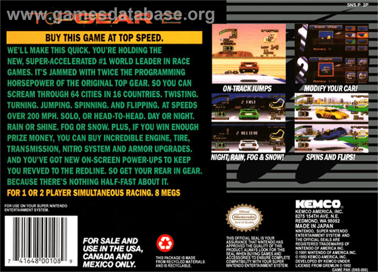 Top Gear 2 - Nintendo SNES - Artwork - Box Back