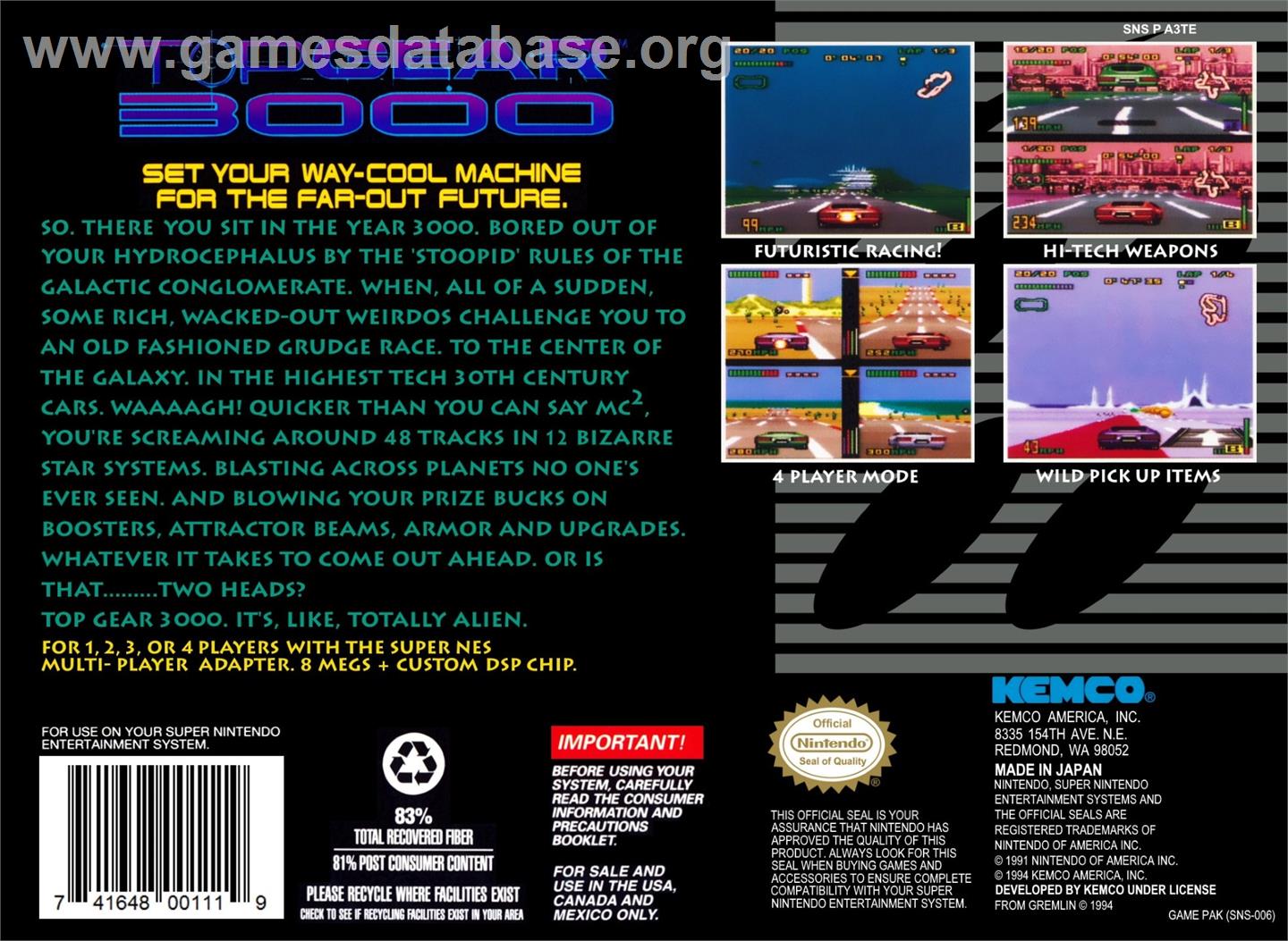 Top Gear 3000 - Nintendo SNES - Artwork - Box Back