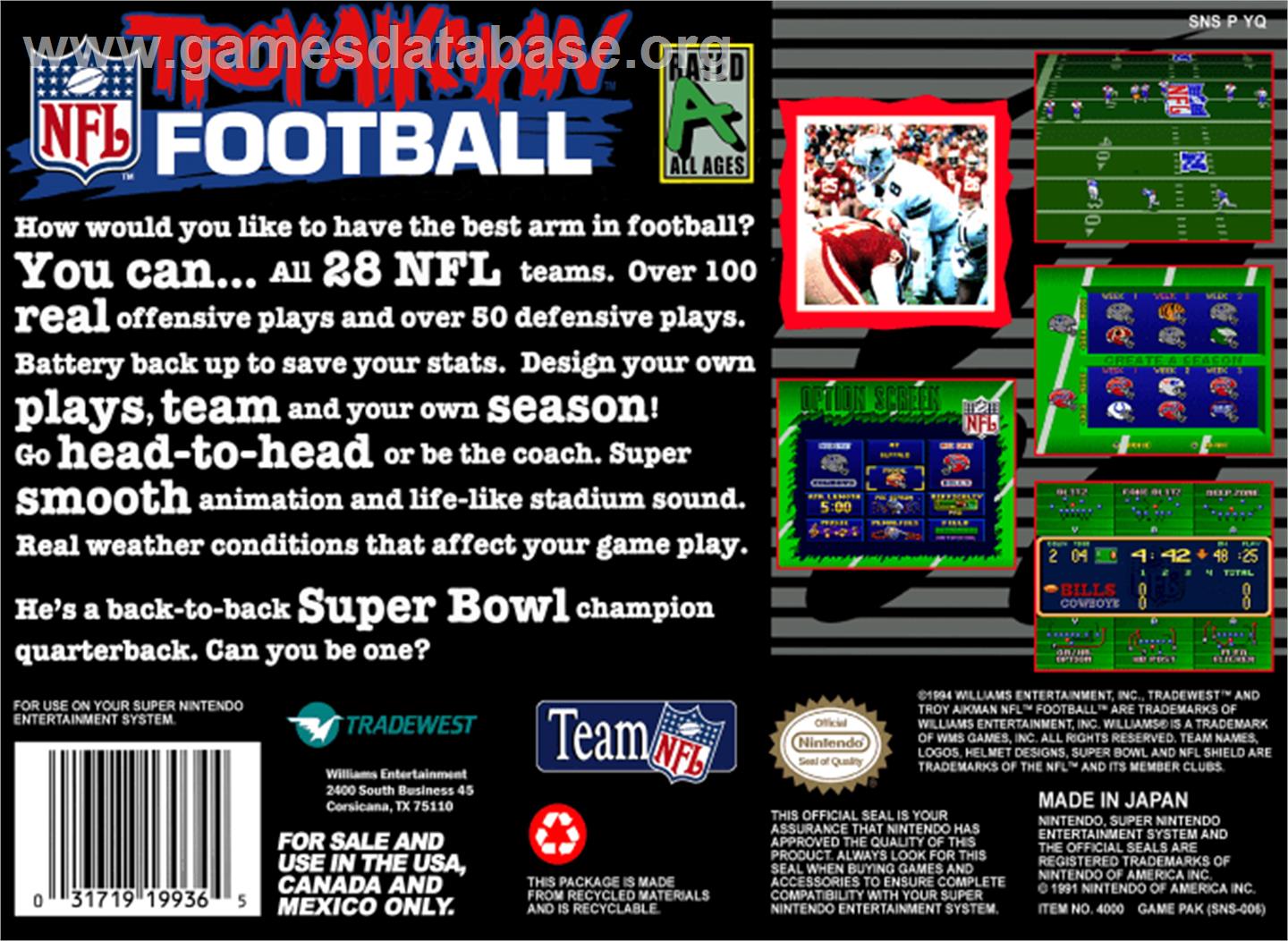 Troy Aikman NFL Football - Nintendo SNES - Artwork - Box Back