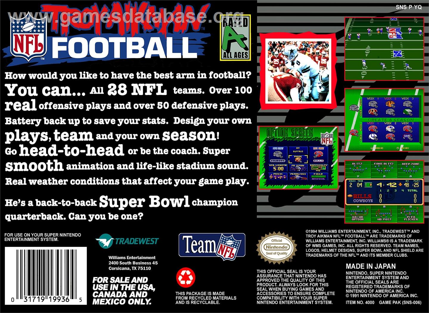 Troy Aikman Nfl Football - Nintendo SNES - Artwork - Box Back