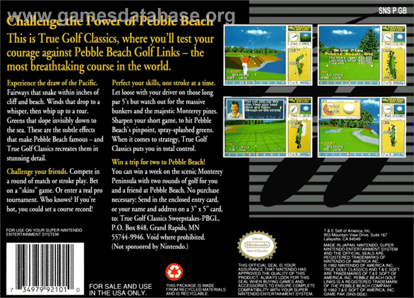 True Golf Classics: Pebble Beach Golf Links - Nintendo SNES - Artwork - Box Back