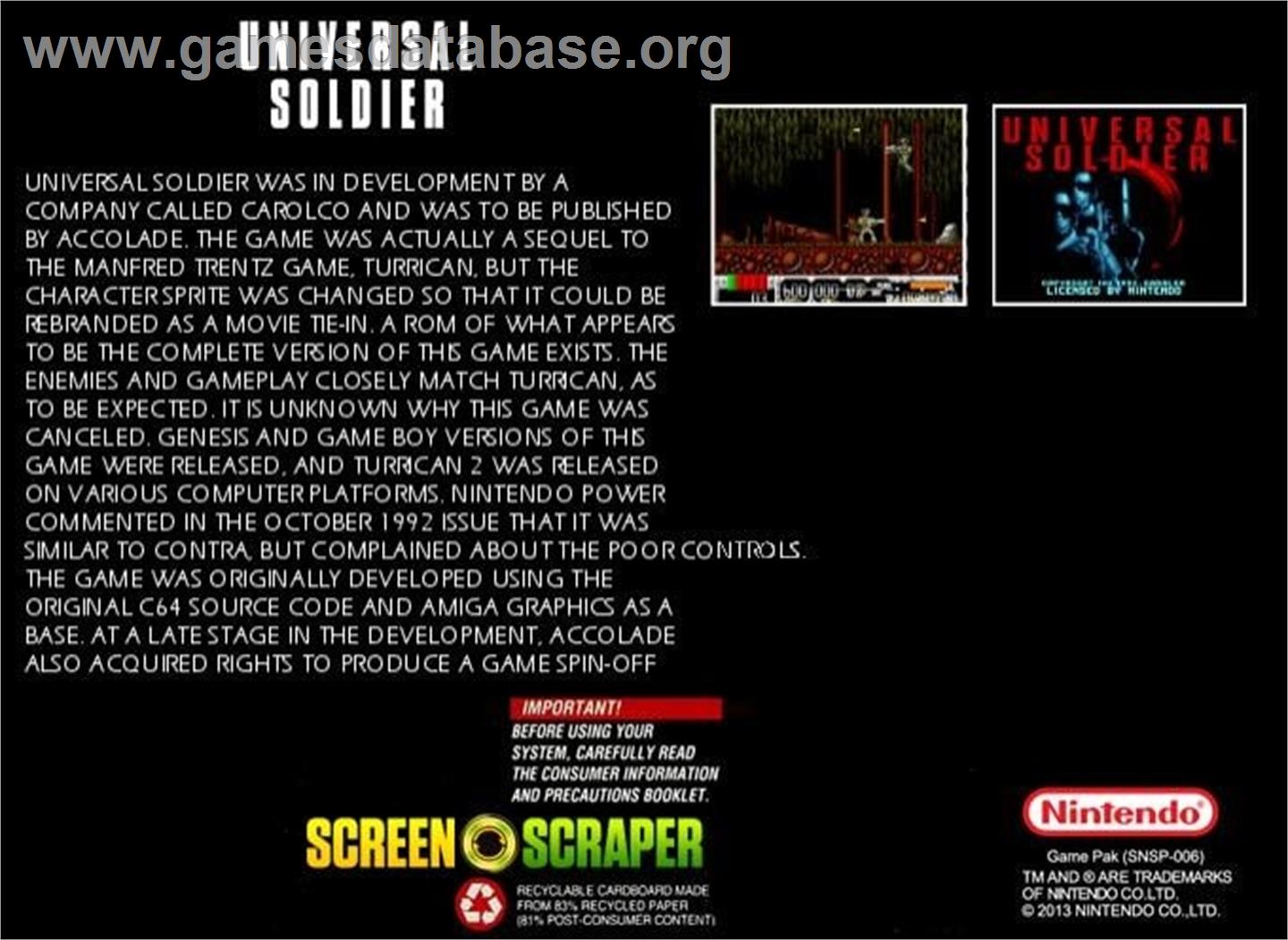 Universal Soldier - Nintendo SNES - Artwork - Box Back