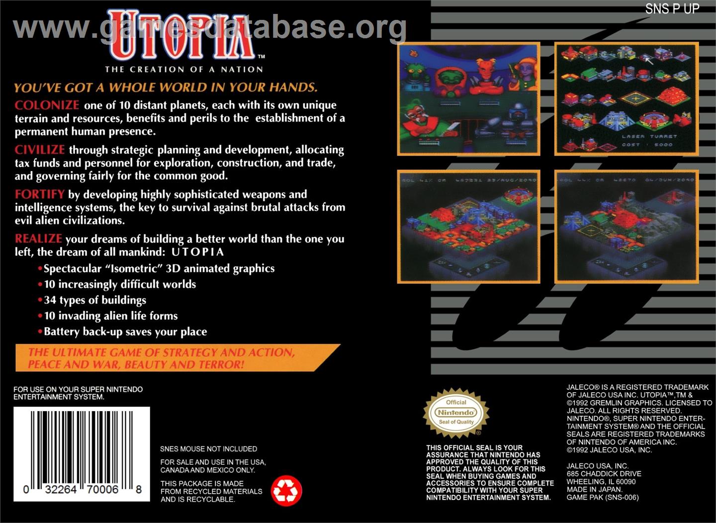 Utopia - The Creation Of A Nation - Nintendo SNES - Artwork - Box Back