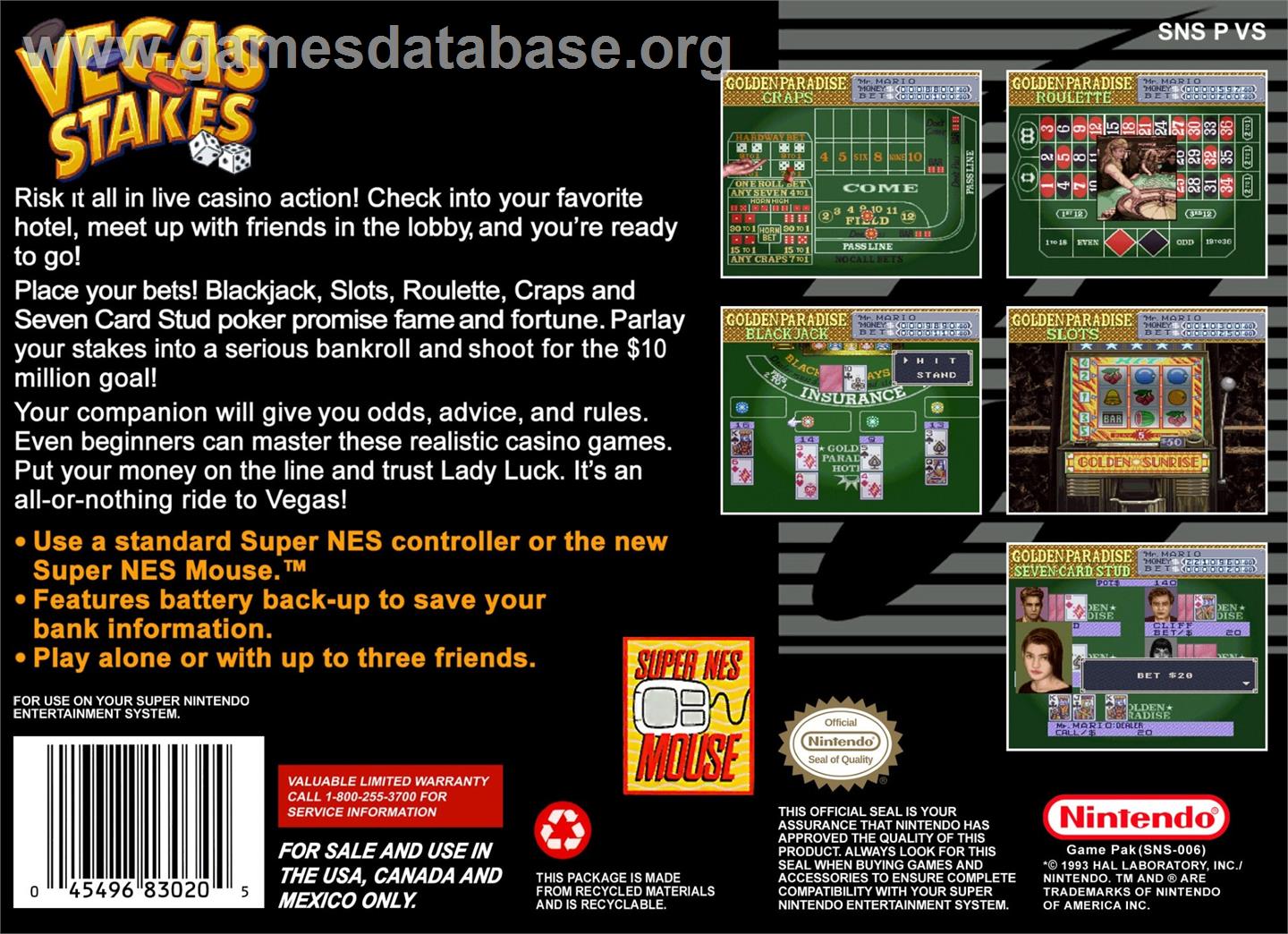 Vegas Stakes - Nintendo SNES - Artwork - Box Back