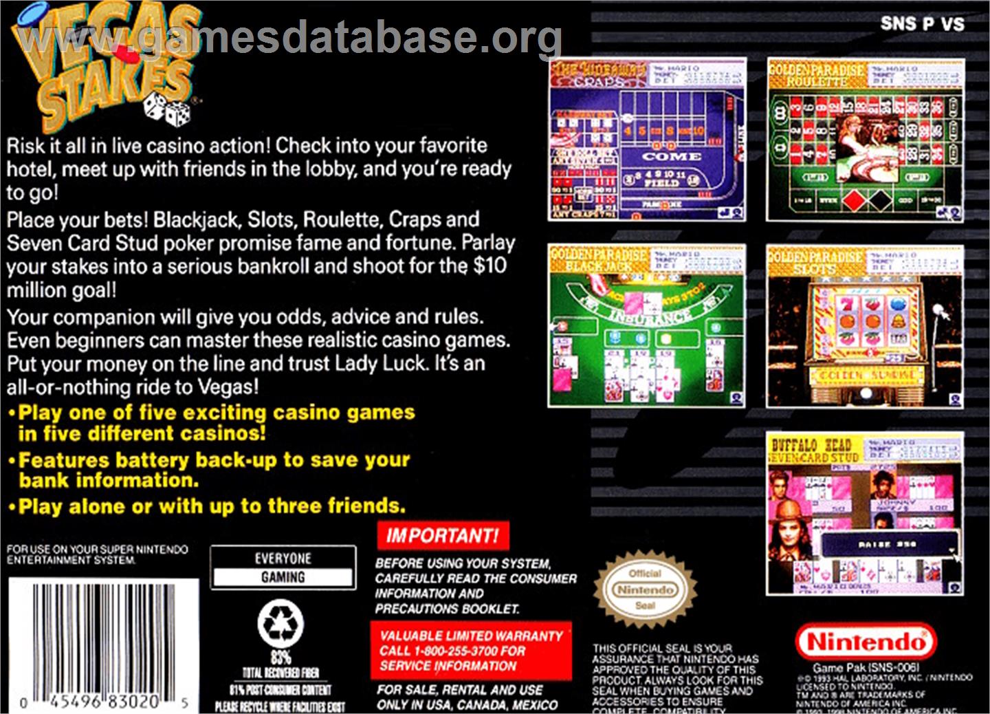 Vegas Stakes - Nintendo SNES - Artwork - Box Back