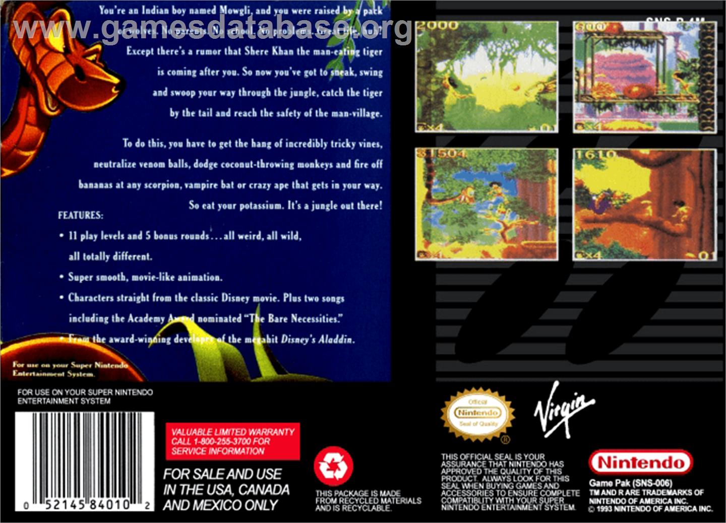Walt Disney's The Jungle Book - Nintendo SNES - Artwork - Box Back