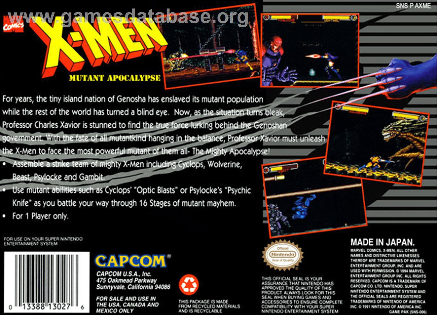 X-Men: Mutant Apocalypse - Nintendo SNES - Artwork - Box Back