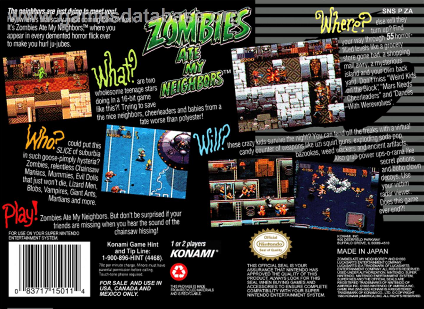 Zombies Ate My Neighbors - Nintendo SNES - Artwork - Box Back