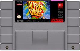 Cartridge artwork for Alfred Chicken on the Nintendo SNES.