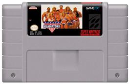 Cartridge artwork for American Gladiators on the Nintendo SNES.