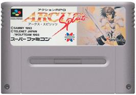 Cartridge artwork for Arcus Spirits on the Nintendo SNES.