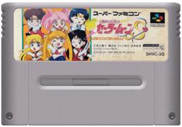 Cartridge artwork for Bishoujo Senshi Sailor Moon S: Kondo wa Puzzle de Oshioki yo on the Nintendo SNES.