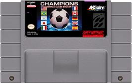 Cartridge artwork for Champions World Class Soccer on the Nintendo SNES.