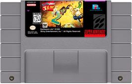 Cartridge artwork for Earthworm Jim 2 on the Nintendo SNES.