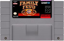 Cartridge artwork for Family Feud on the Nintendo SNES.