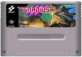 Cartridge artwork for Gradius III on the Nintendo SNES.
