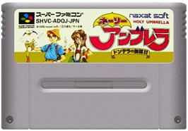 Cartridge artwork for Holy Umbrella: Dondera no Mubo on the Nintendo SNES.