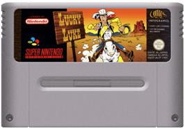 Cartridge artwork for Lucky Luke on the Nintendo SNES.