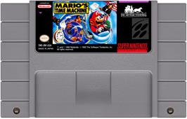 Cartridge artwork for Mario's Time Machine on the Nintendo SNES.