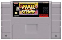 Cartridge artwork for Marvel Super Heroes in War of the Gems on the Nintendo SNES.