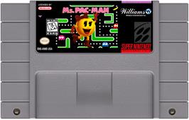 Cartridge artwork for Ms. Pac-man on the Nintendo SNES.