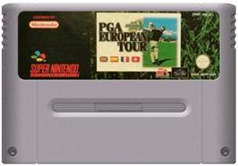 Cartridge artwork for PGA European Tour on the Nintendo SNES.